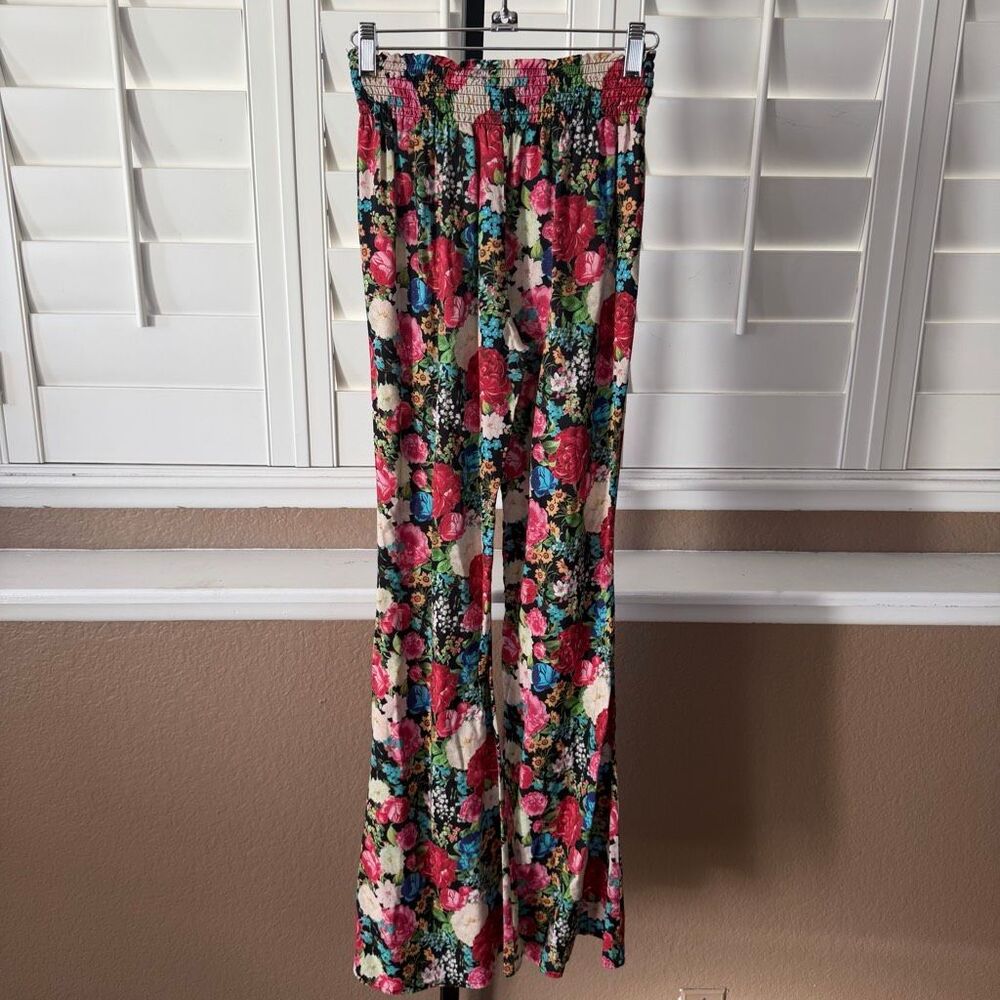 Wildfox Wide Leg Pants Floral Design Flowy Trousers Sz XS 70s Inspired Woodstock
